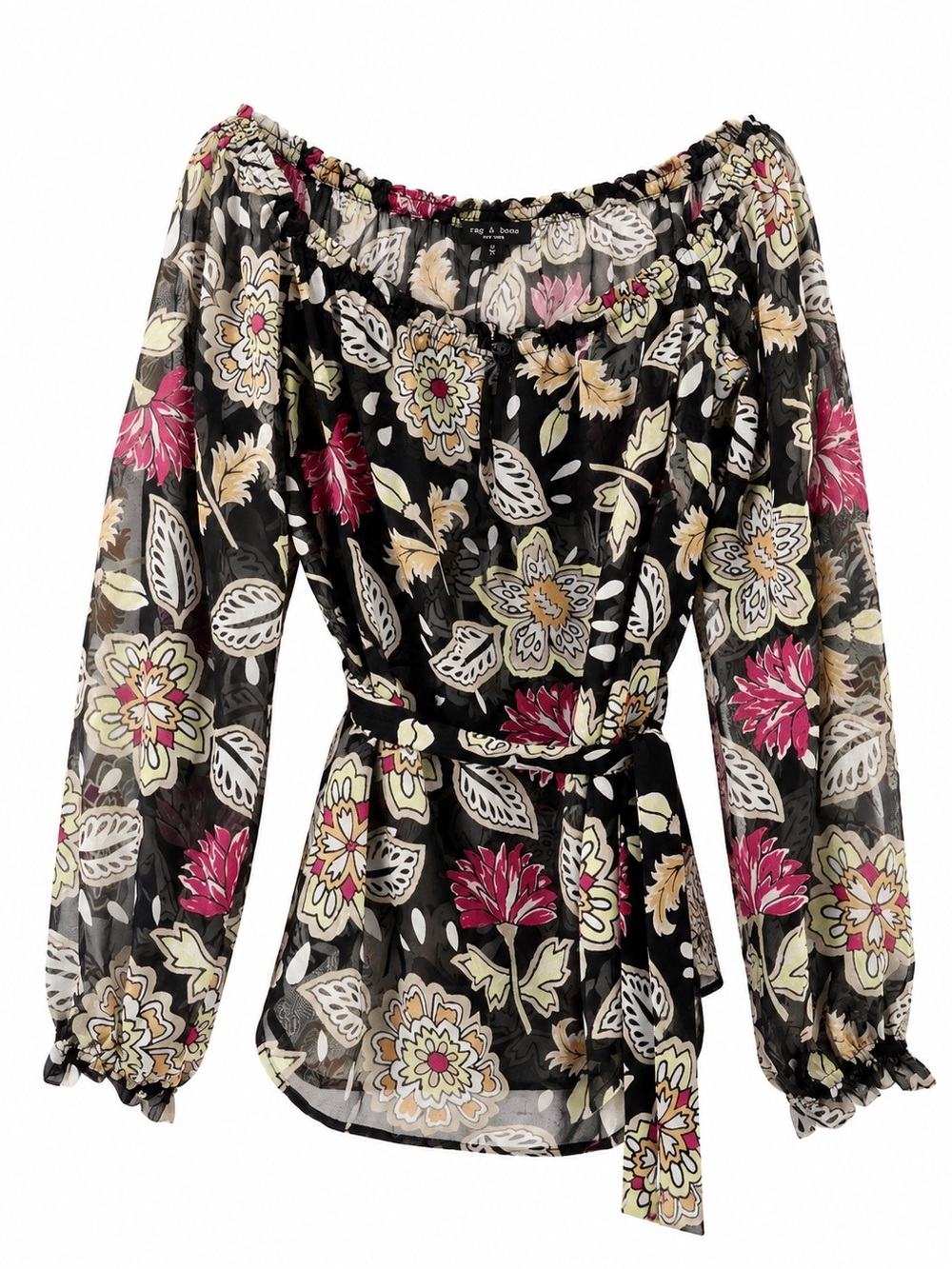 Rag & Bone Sierra Floral Belted Long Sleeve Sheer Blouse Size Medium